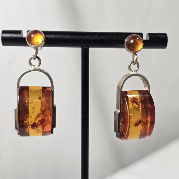 925 Sterling Silver Jewelry - Vintage Sterling Silver Genuine Amber Stone Tube Bar Jar Dangling Stud Earrings